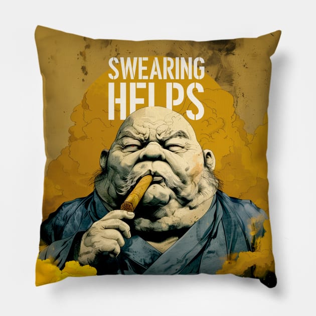 Puff Sumo: Swearing Helps on a Dark Background Pillow by Puff Sumo