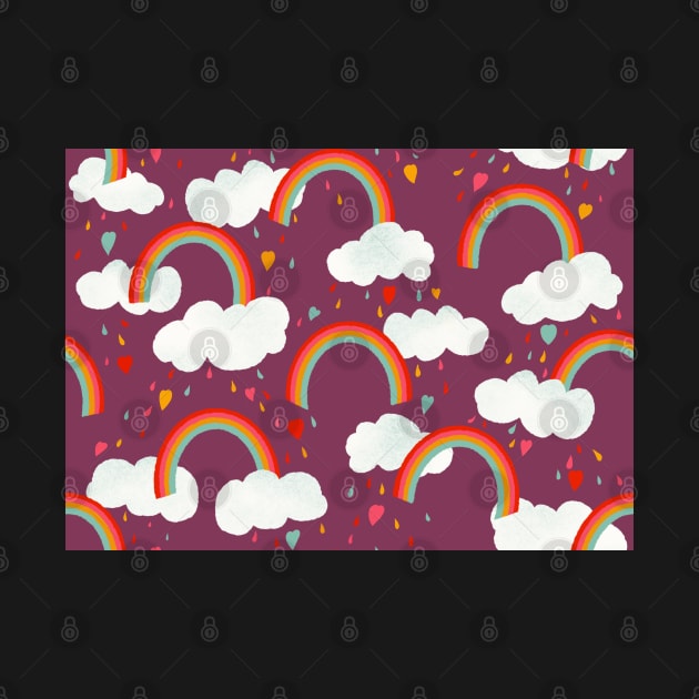 Clouds, rainbows and love hearts on a purple background by NattyDesigns