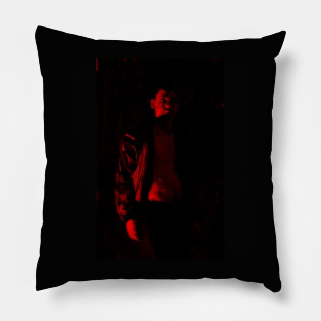 Portrait, digital collage and special processing. Beautiful guy in sport suit with bare torso. Red. Pillow by 234TeeUser234