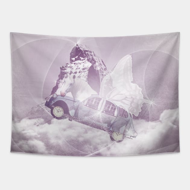Pink Fantasy Flying Horse Car with Butterfly Fairy Wings Tapestry by karenmcfarland13