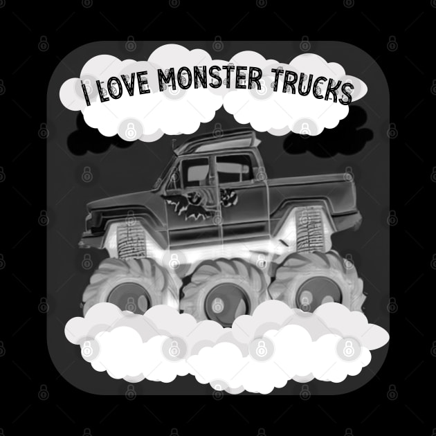 I Love Monster Truck Black and White Design by The Friendly Introverts