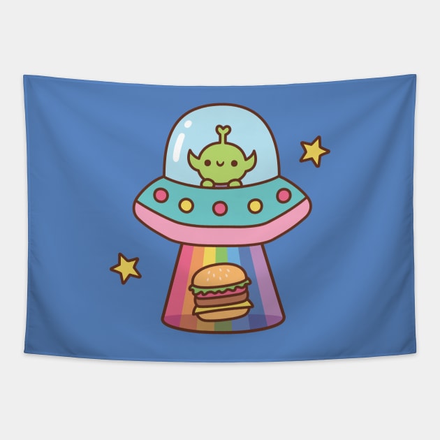 Alien Abducts Burger Funny Tapestry by rustydoodle