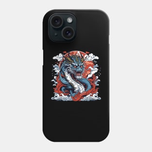 Dragon against the backdrop of a setting sun bathed in ocean waves Phone Case