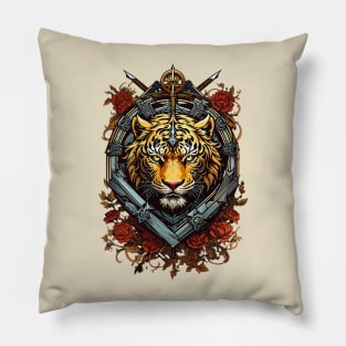 Tiger Coat of Arms Heraldic retro vintage floral design Pillow