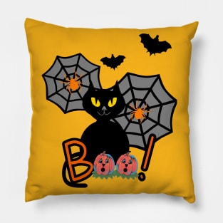 BLACK Cat Happy Halloween With Bats And Pumpkins Pillow