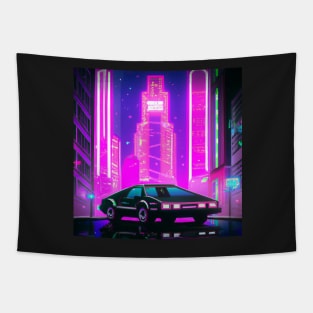 Retrofuturistic cyberpunk car and a skyscraper Tapestry