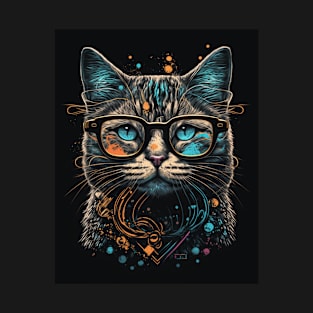 Retro Cat Art Wearing Glasses Splash Abstract Vibe Watercolor Vintage T-Shirt