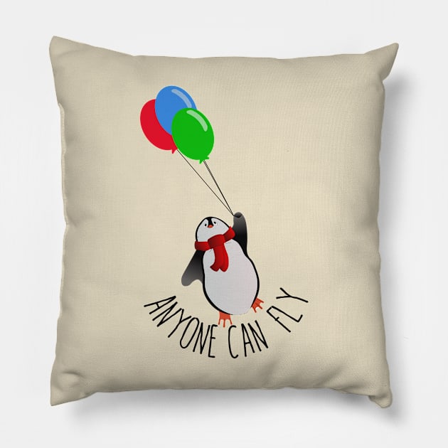 anyone can fly - penguin Pillow by elmirana