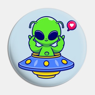 Cute Alien Riding UFO With Love Sign Cartoon Pin