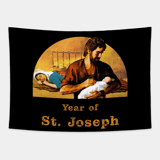 St. Joseph holds baby Jesus while Our Lady sleeps. Year of St. Joseph. Tapestry by Brasilia Catholic