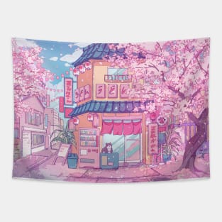 Cute cats' cafe and the pink cherry trees blossom Tapestry