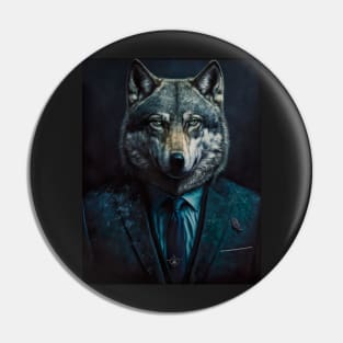 Distinguished Wolf portrait wearing a suit Pin