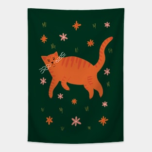 Cool orange cat in flower field illustration Tapestry