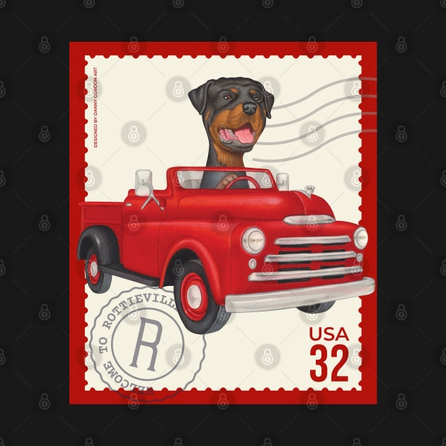 Funny Rottweiler Dog driving a cute classic truck by Danny Gordon Art