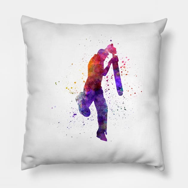 Cricket player batsman silhouette in watercolor Pillow by PaulrommerArt