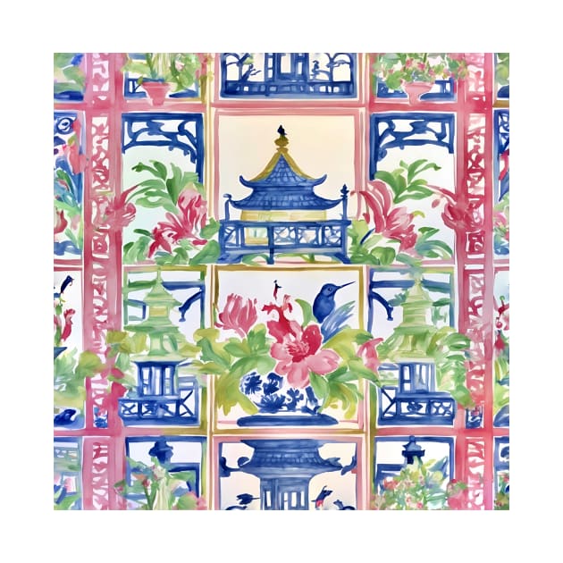 Preppy trellis chinoiserie pagodas, flowers and birds by SophieClimaArt