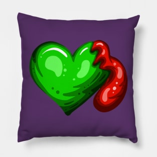 Green Dead Zombie Heart Cartoon Illustration with Blood and for Valentines Day or Halloween Pillow