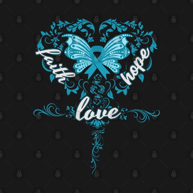 Tourettes Syndrome Awareness Faith Hope Love Butterfly Ribbon, In This Family No One Fights Alone by DAN LE