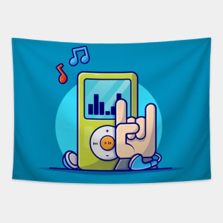 Ipod Digital Audio Music Player with Hand Rock and Music Cartoon Vector Icon Illustration Tapestry