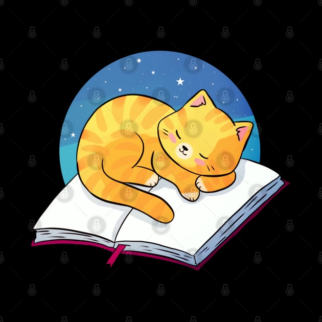 Cute ginger cat sleeping on a book illustration by Yarafantasyart