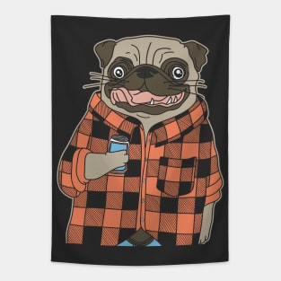 Cool Bulldog Wearing Buffalo Plaid Check Shirt Holding Beer - Funny Pun Dog Humor Tapestry