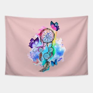 Colorful Butterflies around DreamCatcher Tapestry