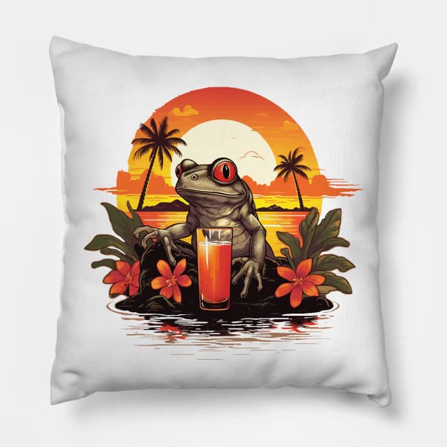 Coqui Frog with Drink - Island Hopping Pillow by VelvetRoom