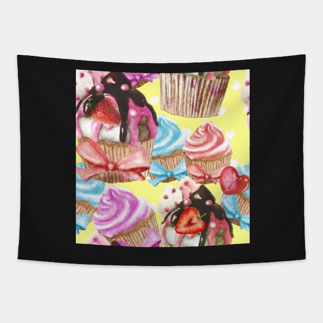 Cupcake Pattern Yellow Tapestry by ArtInPi