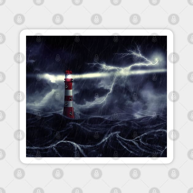 Lighthouse in the stormy sea digital illustration Magnet by AnnArtshock