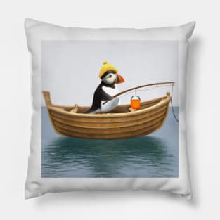 Cute Puffin in a Rowboat on the Ocean Pillow