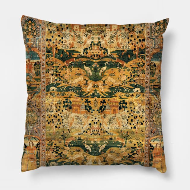 ANIMALS AND HUMAN FIGURES WITH FLOWERS Flemish Style Persian Tapestry ,Yellow Green Blue Floral Pillow by BulganLumini