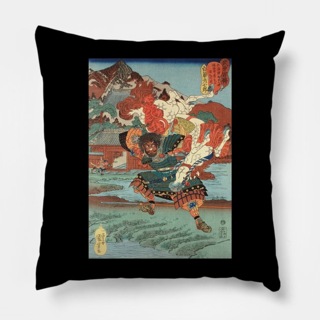 Powerful Samurai Lifting Horse - Old Japanese Ukiyo-e Woodblock Print Art Pillow by Click Here For More