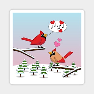 Cute Red Northern Cardinals Love Winter Landscape Magnet