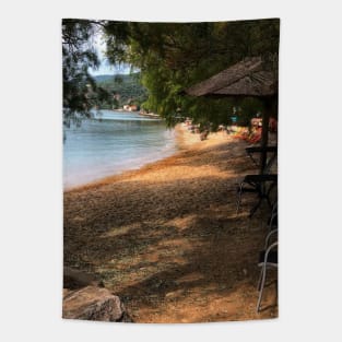 Scenic view on Mediterranean sea from beach cafe under fir trees and tiki bar Tapestry