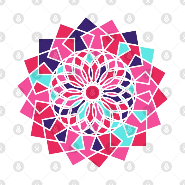 Digital mandala with geometric repeated shapes in random bright neon colors by acidmit