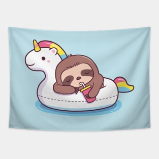 Cute Sloth Chilling On Unicorn Pool Float Tapestry