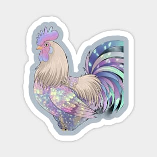 Rooster with Detailed and Colorful Plumage, Featuring Shades of Purple, Blue, and Iridescent Spots Magnet