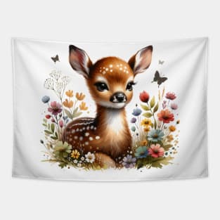 Baby Deer and Flowers Tapestry