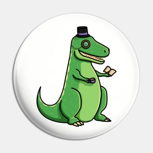 Fancy Tea-Rex, Trex, Dinosaur in a Top Hat Reading a Book with a Cup of Tea and a Monocle Pin