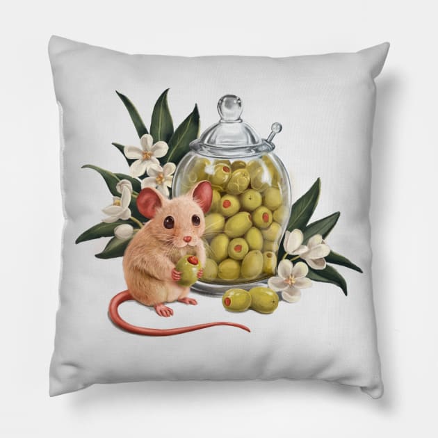 Cute mouse and olives Pillow by solrey