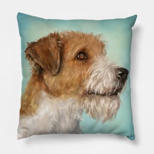 Painting of a Parson Russell Terrier on a Turquoise Background Pillow