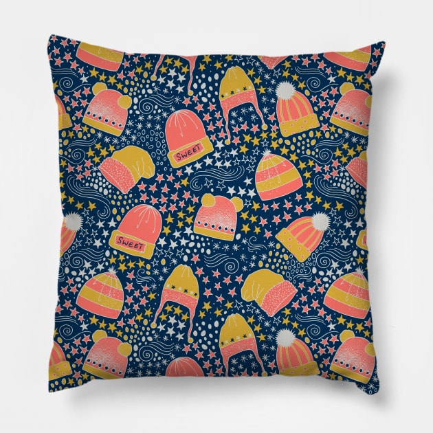 Winter Woolen Beanies and Stars Pillow by Farissa