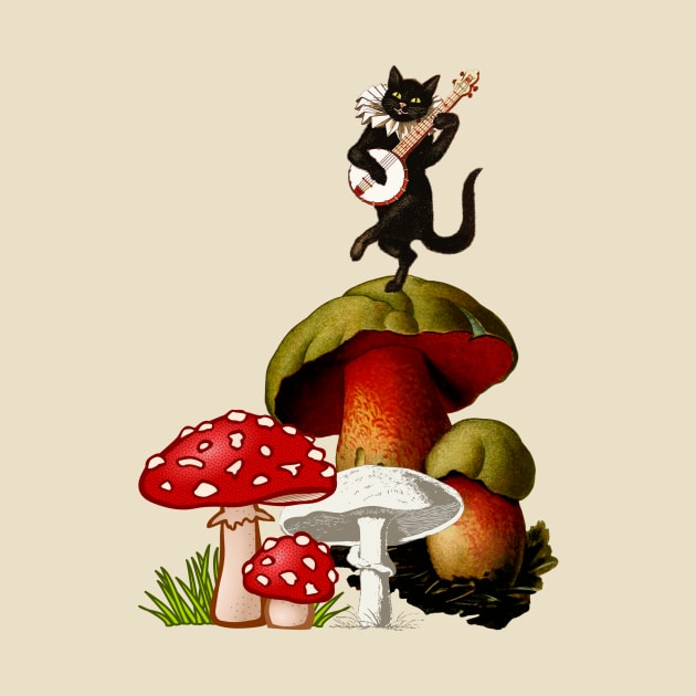 Black cat playing guitar on a mushroom hippie 80s music by THESHOPmyshp