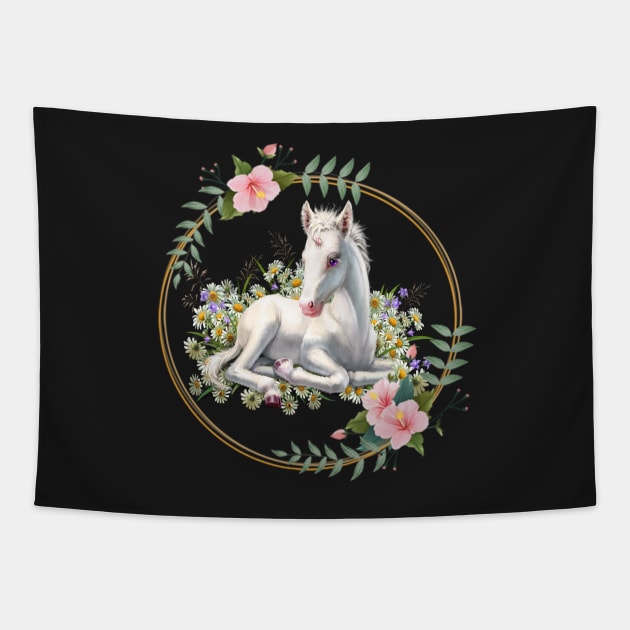 Cute Baby Unicorn With A Flower Border Tapestry by Atteestude