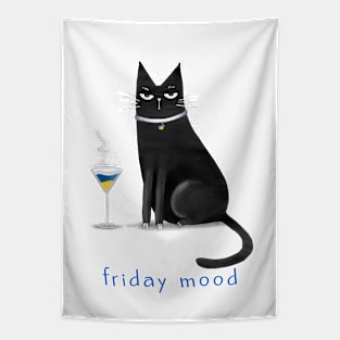 Cartoon black cat with a glass martini Tapestry