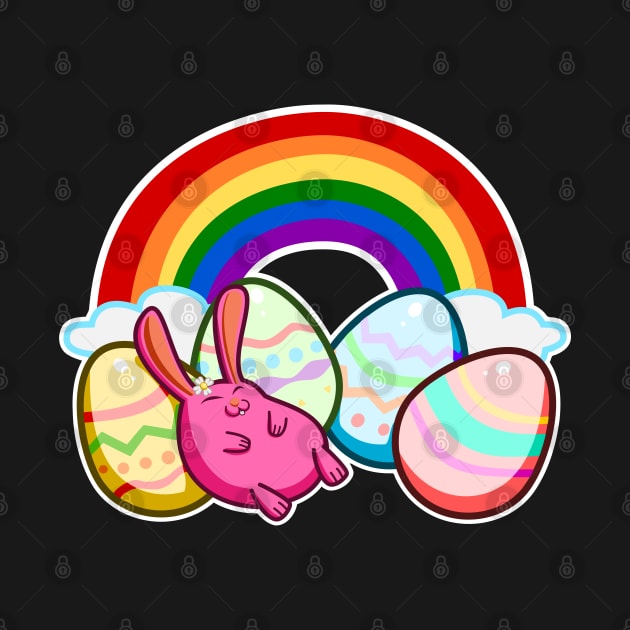 Easter Rainbow Pink Bunny Rabbit Sleeping On Colorful Eggs by CrocoWulfo