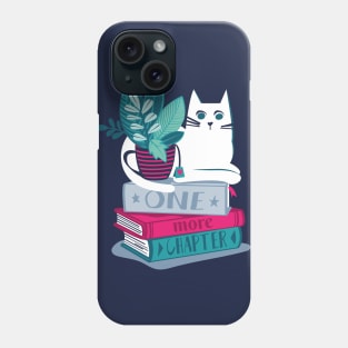 One more chapter // spot // navy background white cat striped mug with plants pink teal and blue books with quote Phone Case