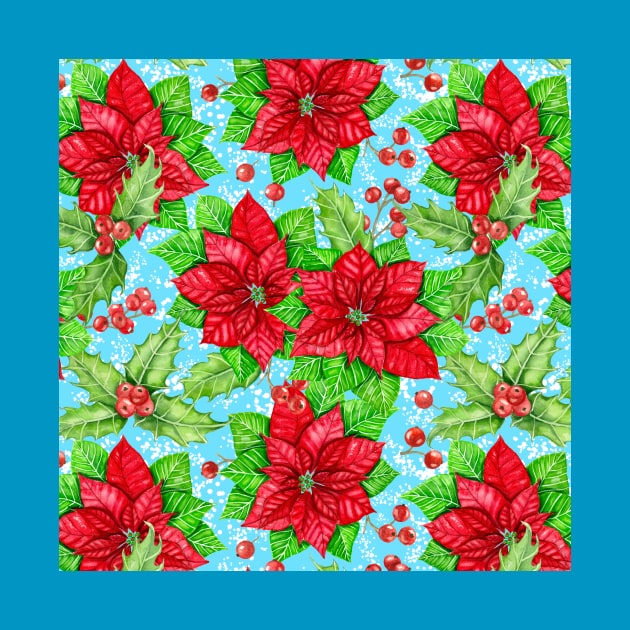 Poinsettia and holly berry watercolor Christmas pattern by katerinamk