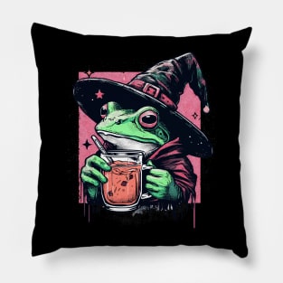 Retro witchy frog drink tea Pillow