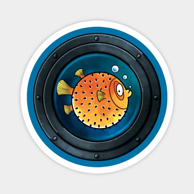 Pufferfish through a porthole Magnet by Wozzozz